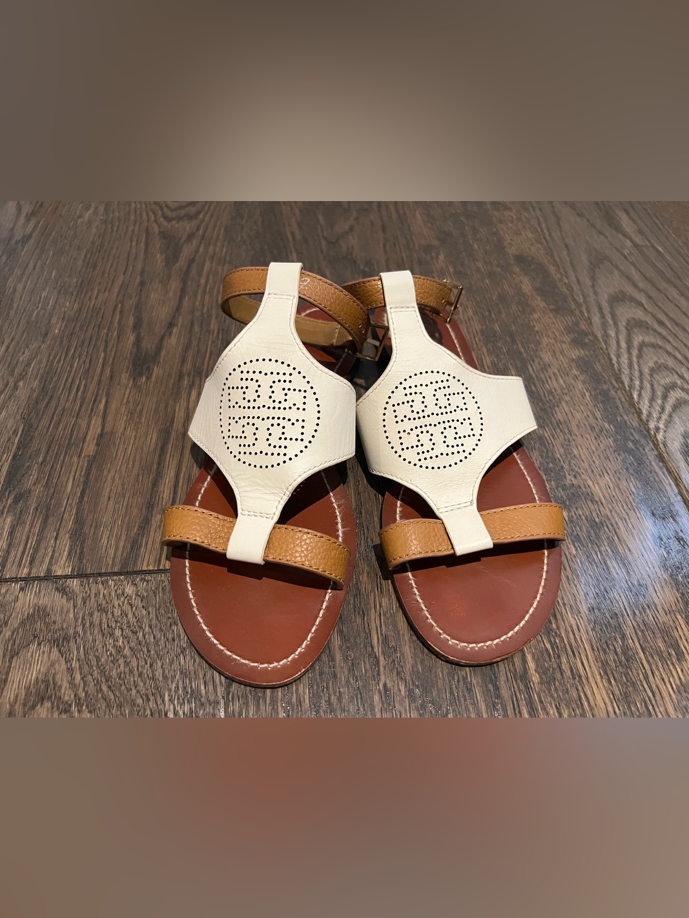 Tory Burch White & Tan Leather Sandals, Perforated Logo, Size 9
